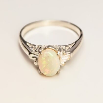 Sterling Silver Oval Solid Opal Ring - Milky White - Size P - New Old Stock #68060
