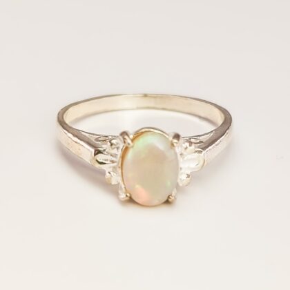 Sterling Silver Oval Solid Opal Ring - Milky White - Size P - New Old Stock #68063