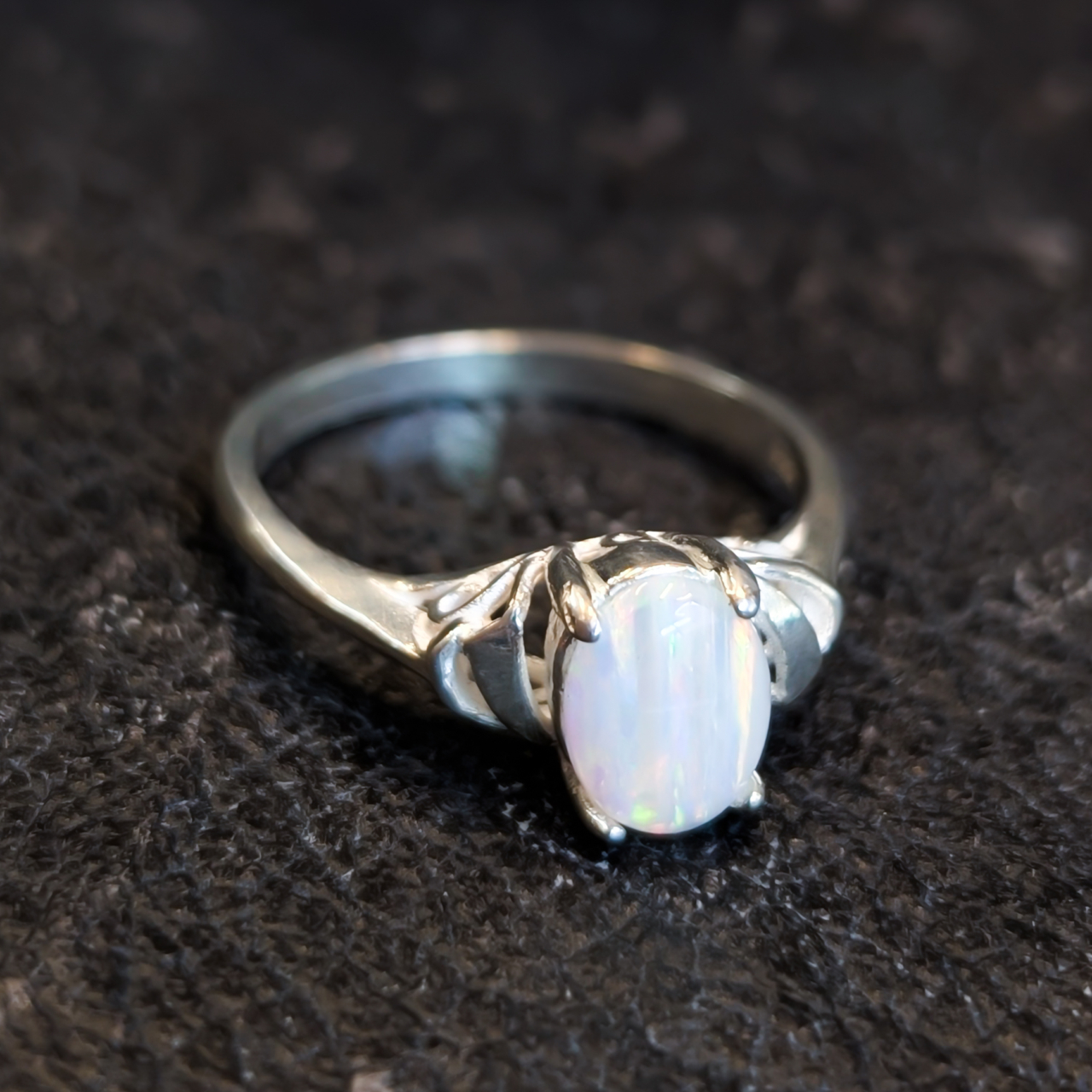 Sterling Silver Solid Opal Cabochon Ring – Size N (Opal 8x6mm) – New Old Stock #68067