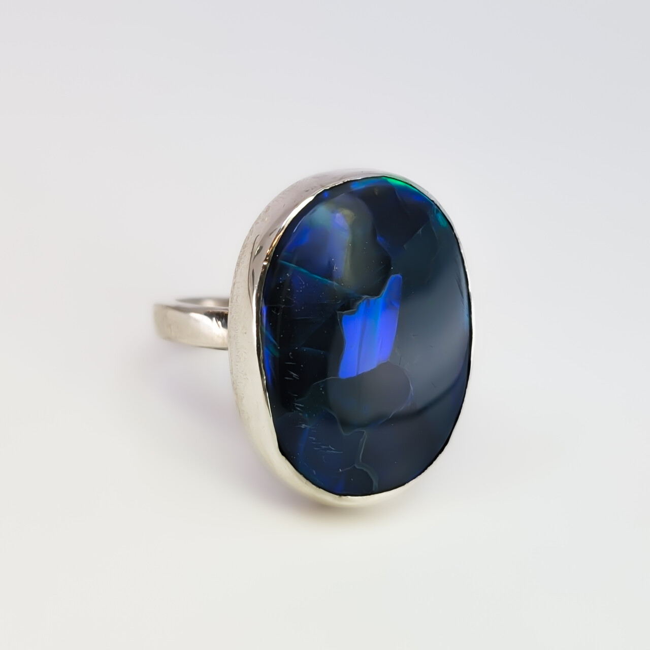 Sterling Silver Large Solid Blue Opal Statement Ring – Size U #68046