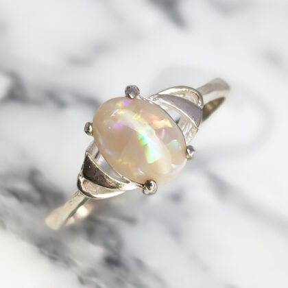 Sterling Silver Solid Opal Cabochon Ring - Size Q (Opal 8x6mm) – New Old Stock #68068