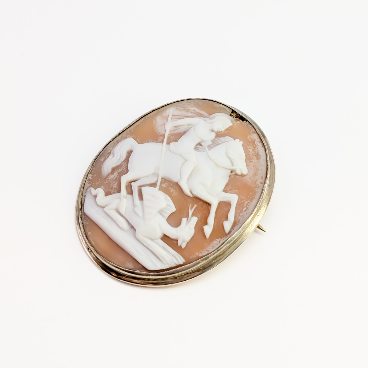 Vintage Sterling Silver Shell Cameo Brooch – St George & the Dragon #67046