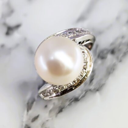 Pearl & Diamond Cocktail Ring - 14ct White Gold - Size M - Val $3800 #A06543