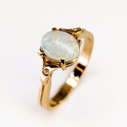 Oval Natural Opal & Diamond Ring - 14ct Yellow Gold - Size N #68100