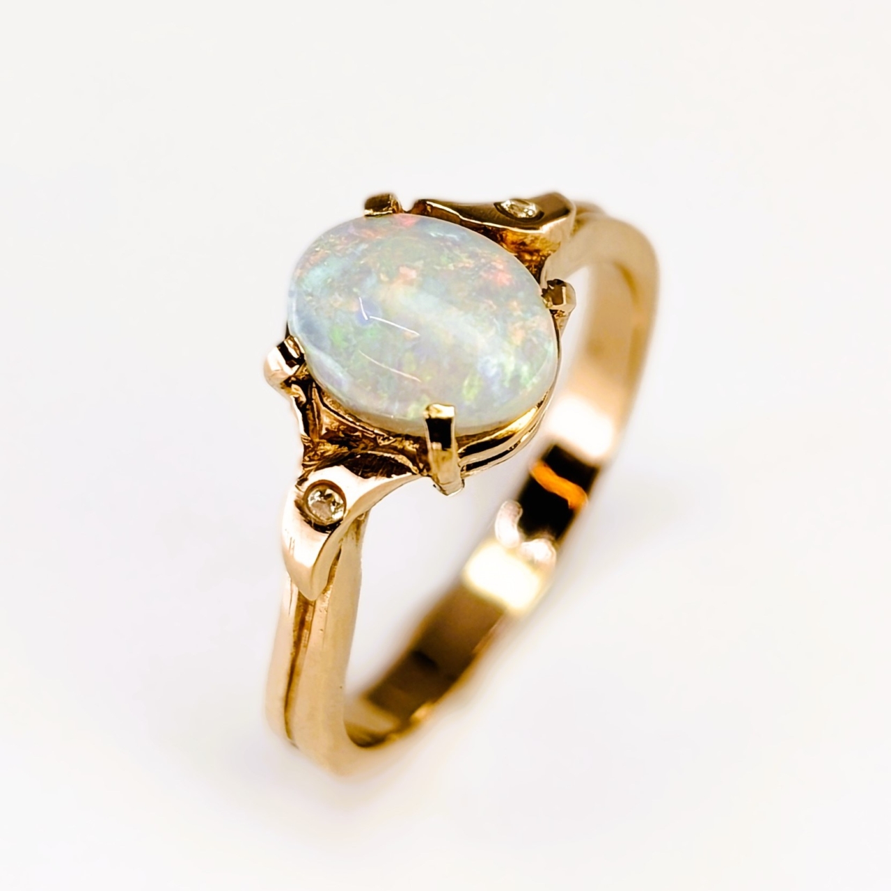 Oval Natural Opal & Diamond Ring - 14ct Yellow Gold - Size N #68100 Oval Natural Opal & Diamond Ring - 14ct Yellow Gold - Size N #68100