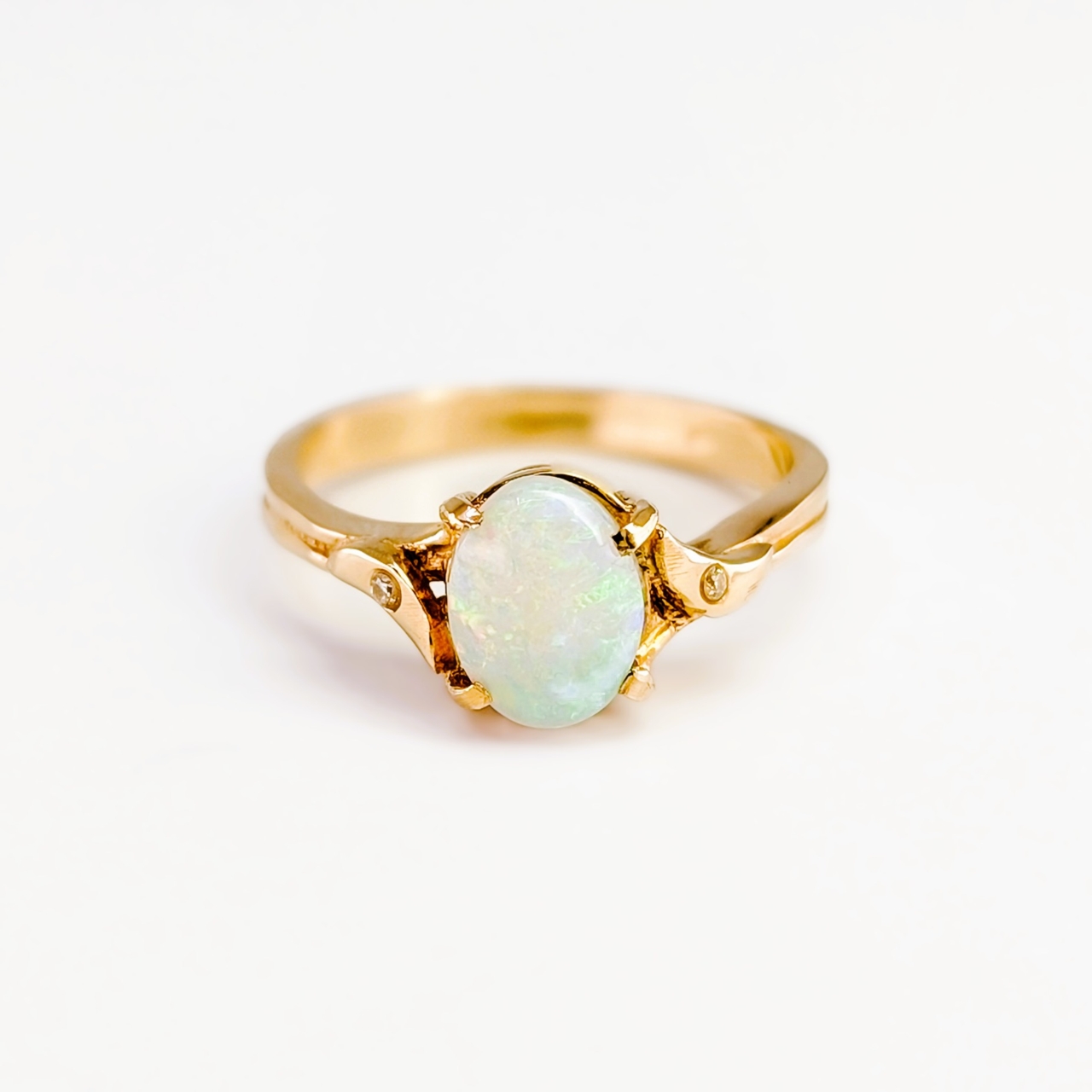 Oval Natural Opal & Diamond Ring - 14ct Yellow Gold - Size N #68100 Oval Natural Opal & Diamond Ring - 14ct Yellow Gold - Size N #68100 - Image 4
