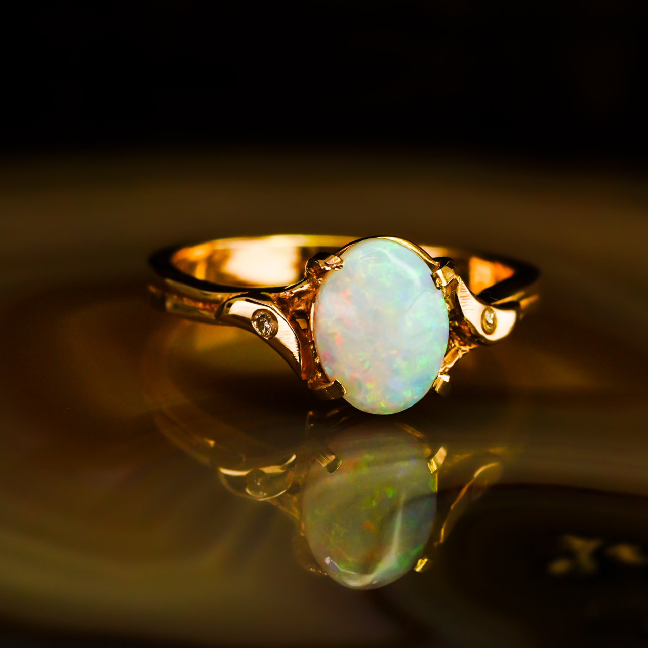 Oval Natural Opal & Diamond Ring - 14ct Yellow Gold - Size N #68100 Oval Natural Opal & Diamond Ring - 14ct Yellow Gold - Size N #68100 - Image 2