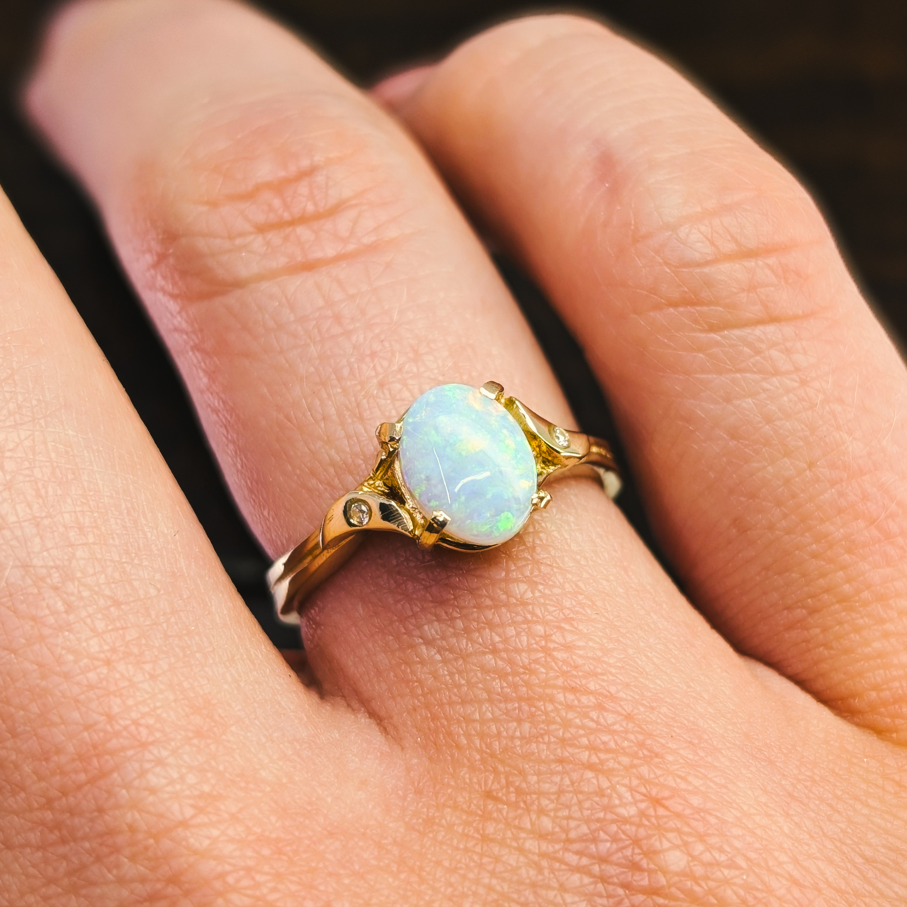 Oval Natural Opal & Diamond Ring - 14ct Yellow Gold - Size N #68100 Oval Natural Opal & Diamond Ring - 14ct Yellow Gold - Size N #68100 - Image 3