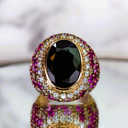 18ct Rose Gold 11.48ct Sapphire with Diamond & Ruby Statement Ring – Val $17,650 - Size O #65214