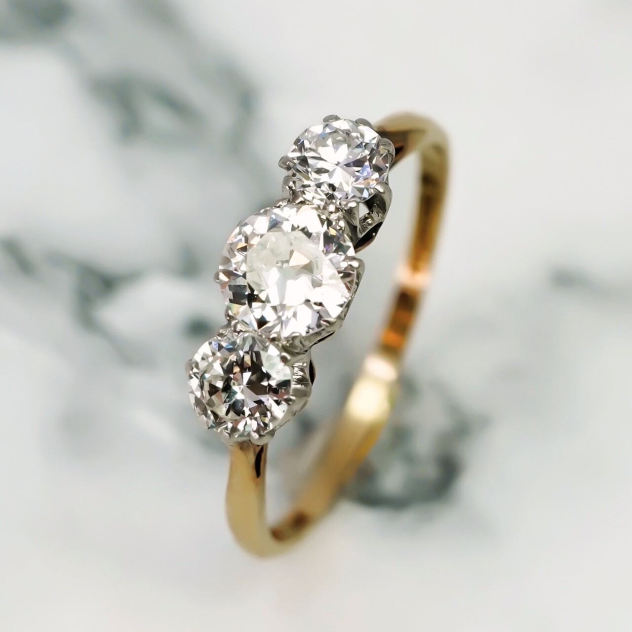 18ct Gold & Platinum 1.00ct Old Euro Diamond Trilogy Ring Val $8999 Size O #68343 18ct Gold & Platinum 1.00ct Old Euro Diamond Trilogy Ring Val $8999 Size O #68343