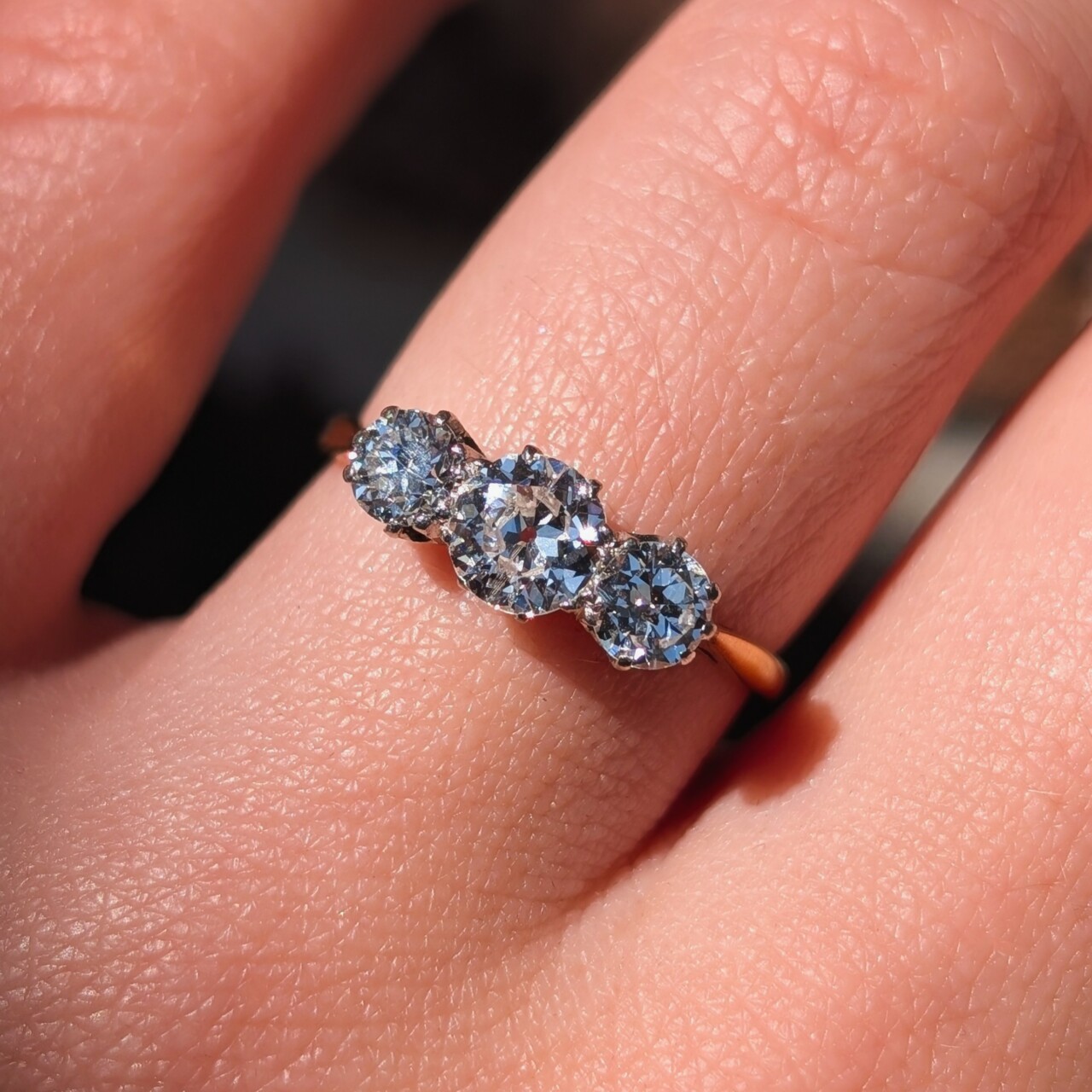 18ct Gold & Platinum 1.00ct Old Euro Diamond Trilogy Ring Val $8999 Size O #68343 18ct Gold & Platinum 1.00ct Old Euro Diamond Trilogy Ring Val $8999 Size O #68343 - Image 2