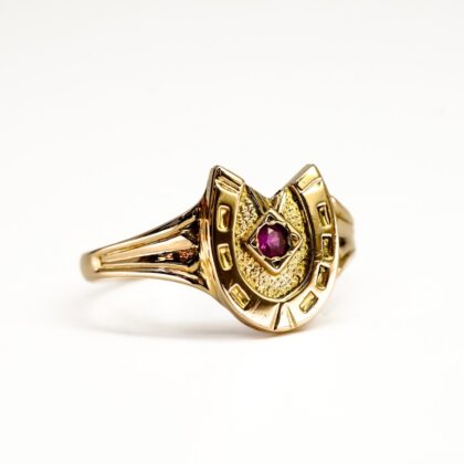 9ct Yellow Gold Lucky Horseshoe Ring - Synthetic Ruby - Size R #68165