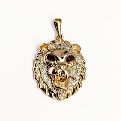 9ct Yellow Gold Lion Head Pendant - Ruby & Diamond #68379