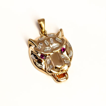 9ct Yellow Gold Panther Head Pendant - Ruby & Diamond #68380
