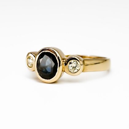Australian Sapphire & Diamond Trilogy Ring – 14ct Yellow Gold - Val $4,670 – Size L #68626