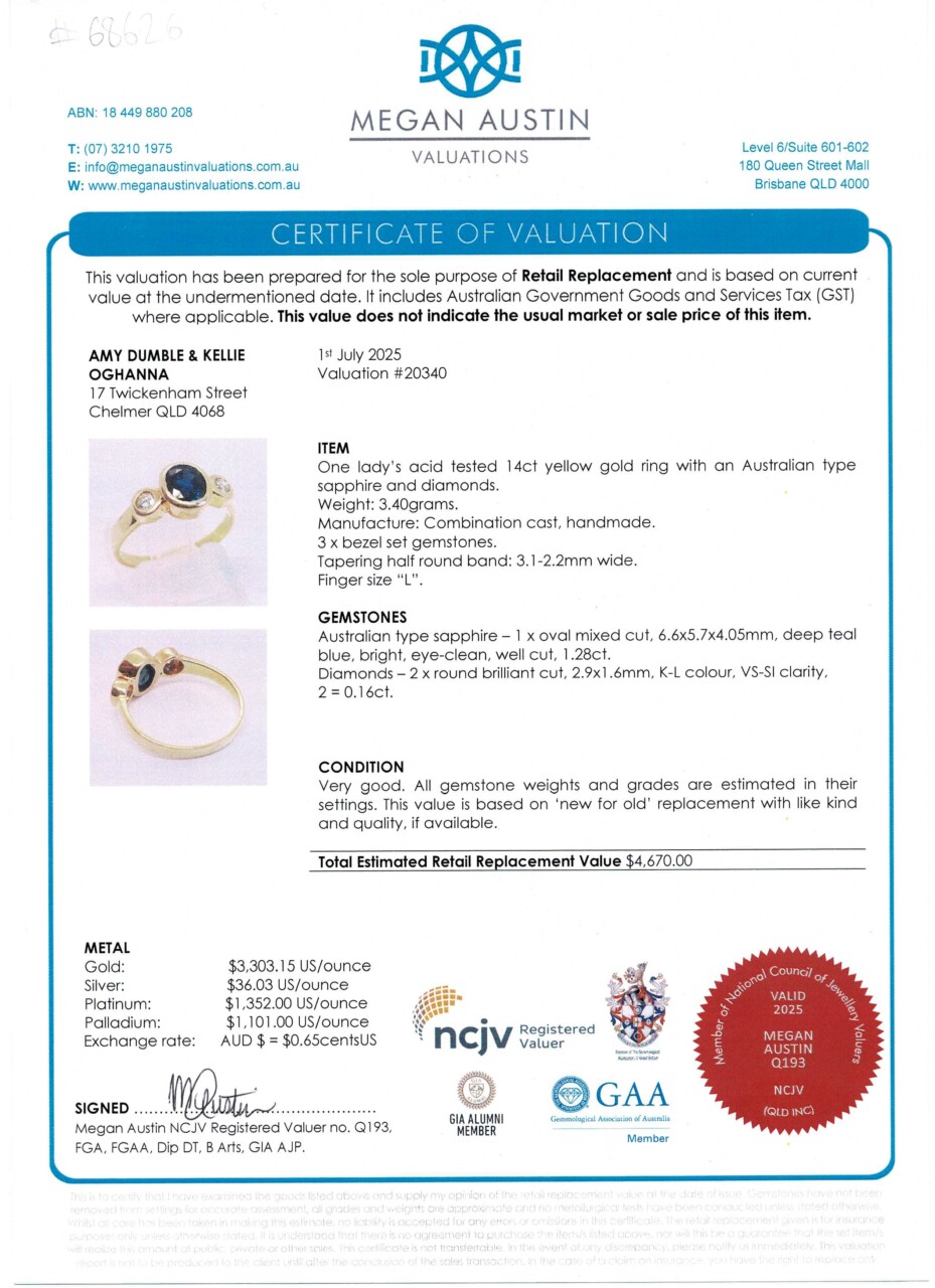 Australian Sapphire & Diamond Trilogy Ring – 14ct Yellow Gold - Val $4,670 – Size L #68626 Australian Sapphire & Diamond Trilogy Ring – 14ct Yellow Gold - Val $4,670 – Size L #68626 - Image 4