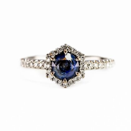 Ceylon Sapphire & Diamond Halo Ring - 18ct White Gold - Val $3250 Size M #68358