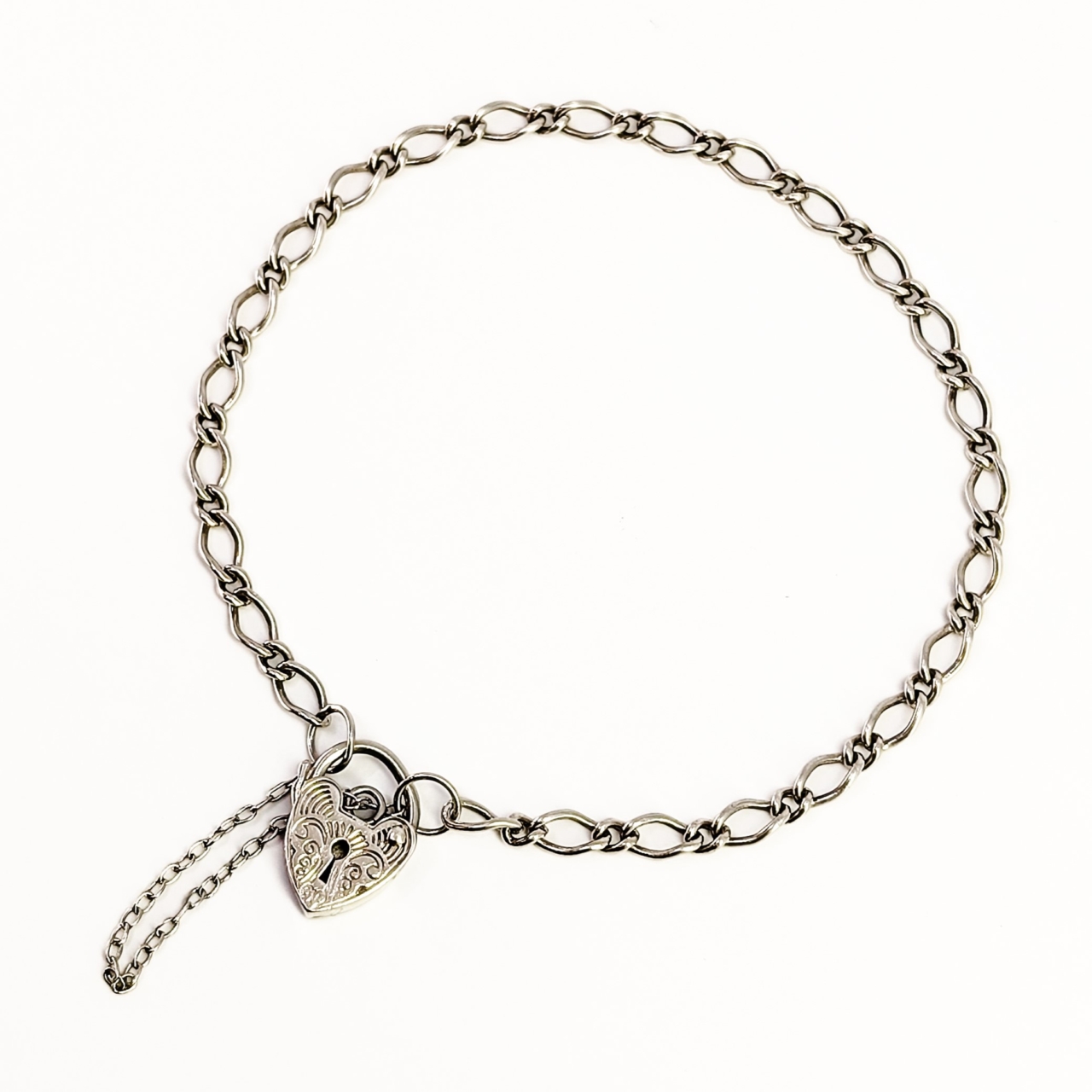 Sterling Silver Figaro Link Bracelet – Heart Shaped Clasp #68210