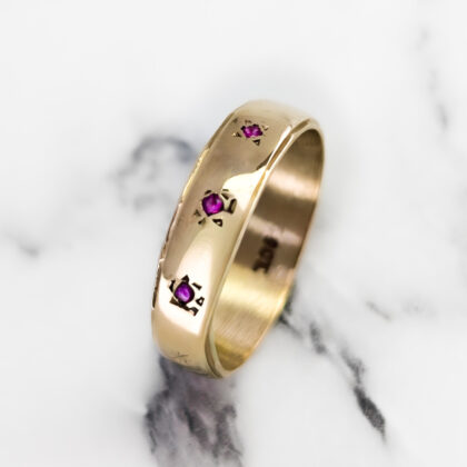 Vintage 9ct Yellow Gold Ruby Trilogy Band Ring - Size O - 5mm Wide #67505