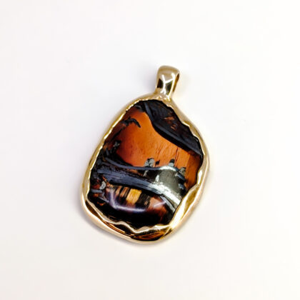 18ct Yellow Gold Tiger Iron Freeform Pendant - Tiger’s Eye, Hematite & Jasper #68121