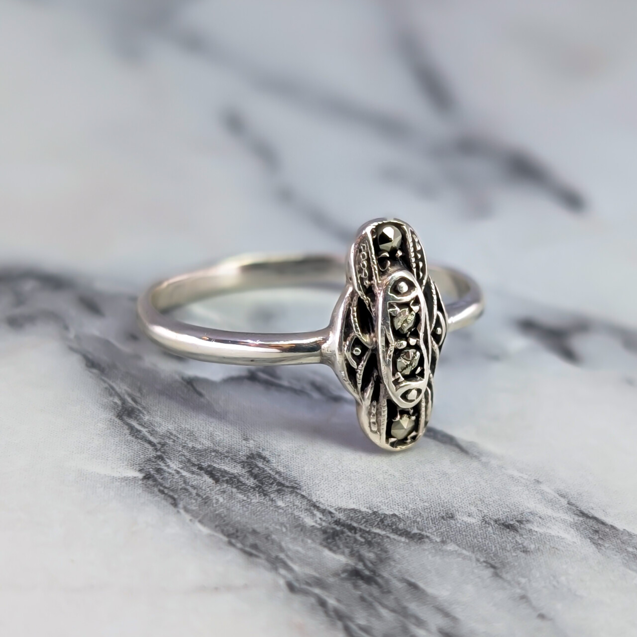 Sterling Silver Marcasite Ring – Art Deco Style – Size P #68025