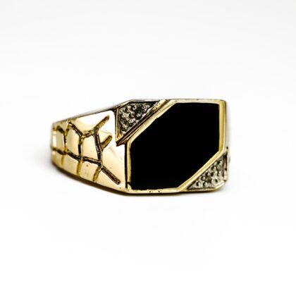 9ct Yellow Gold Onyx & Diamond Men's Signet Ring Size S 1/2 #68845