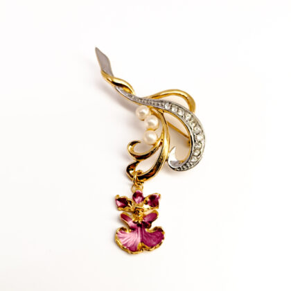 Gold-Plated Scroll Brooch with Faux Pearls and Pink Orchid Drop #68591