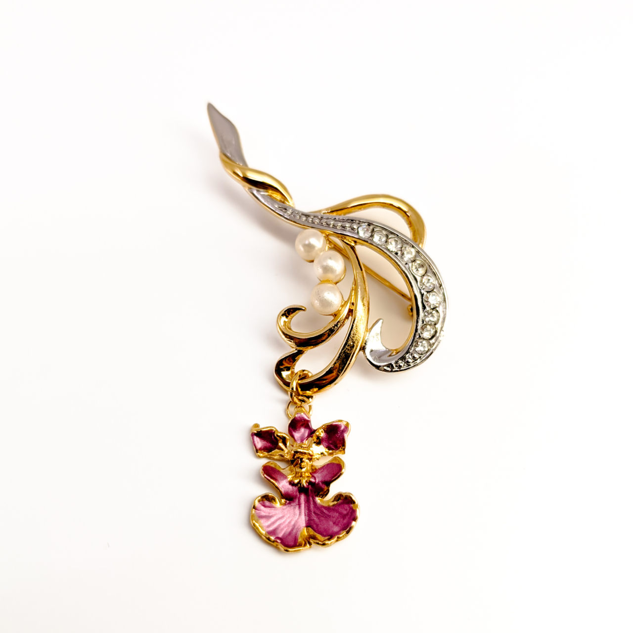 Gold-Plated Scroll Brooch with Faux Pearls and Pink Orchid Drop #68591 Gold-Plated Scroll Brooch with Faux Pearls and Pink Orchid Drop #68591