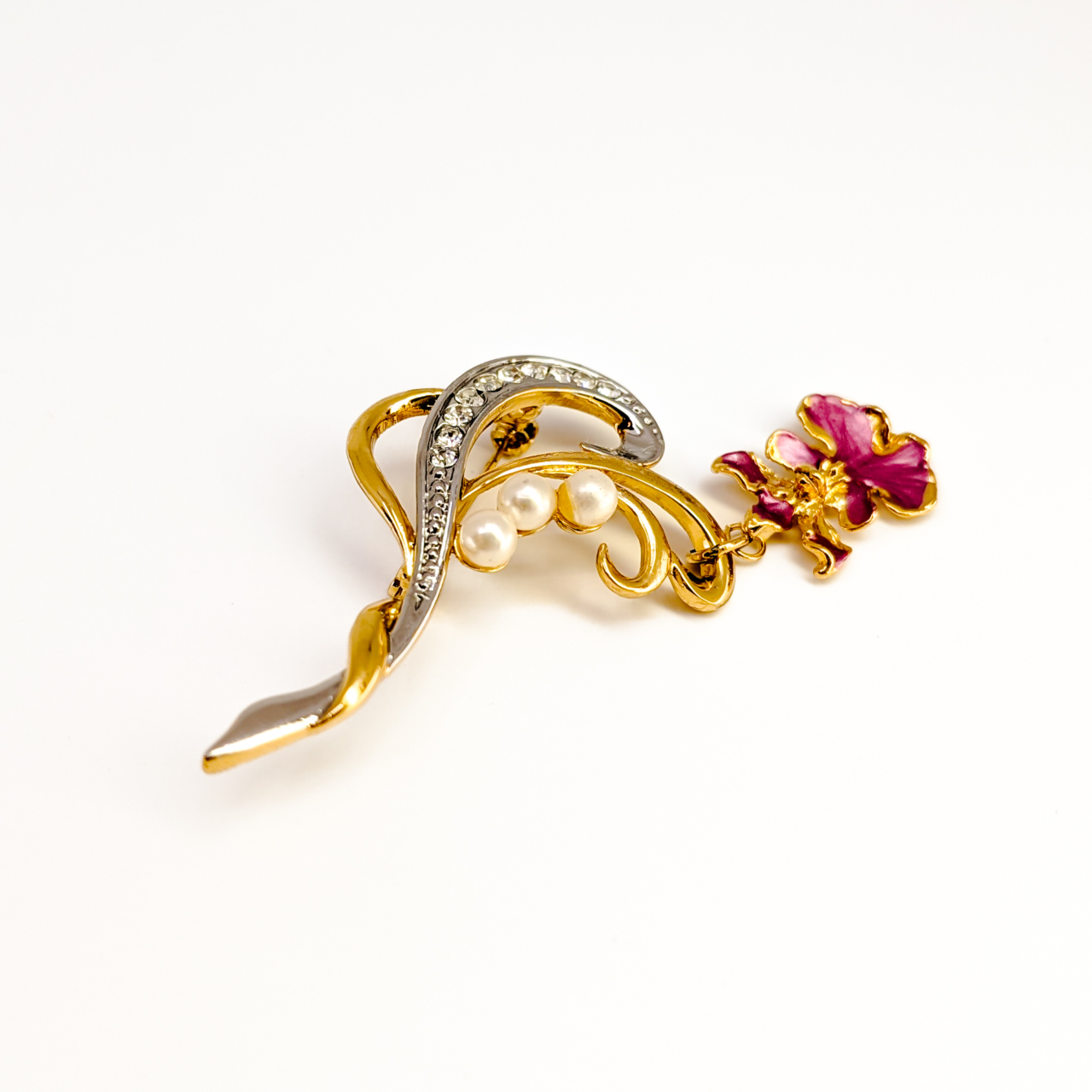 Gold-Plated Scroll Brooch with Faux Pearls and Pink Orchid Drop #68591 Gold-Plated Scroll Brooch with Faux Pearls and Pink Orchid Drop #68591 - Image 2