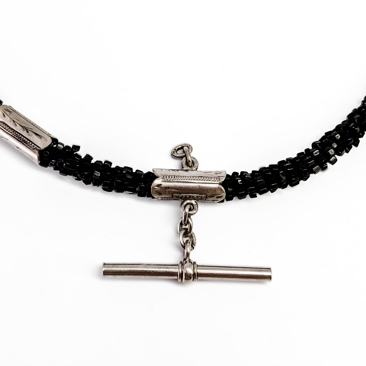 Sterling Silver Black Bead T-Bar Necklace 45cm Vintage Style 6.5mm Wide #65691