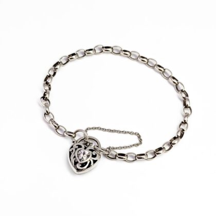 Sterling Silver Oval-Belcher Bracelet with CZ Filigree Puff Heart Clasp #68493