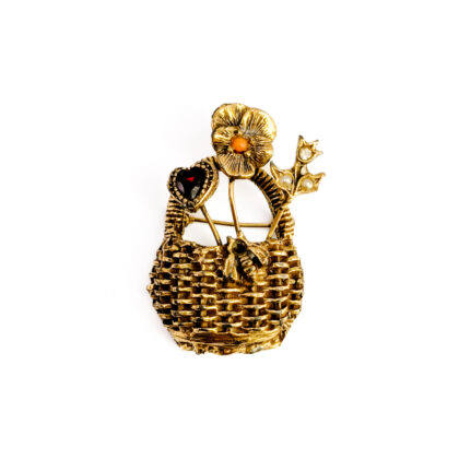 Vintage Goldette Gold-Tone Flower Basket Brooch with Multi-Coloured Stones #68571