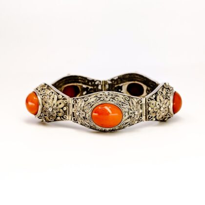Vintage Sterling Silver Filigree Bracelet with Natural Orange Coral 43.3g 18cm#68774