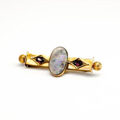Antique 15ct Rose Gold Opal and Ruby Brooch with Diamond Accents #68586