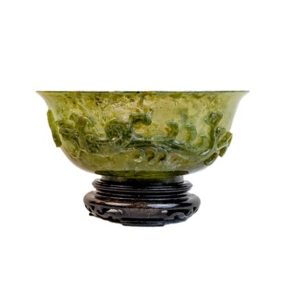 Green Serpentine Carved Bowl with Wood Stand and Box #68187
