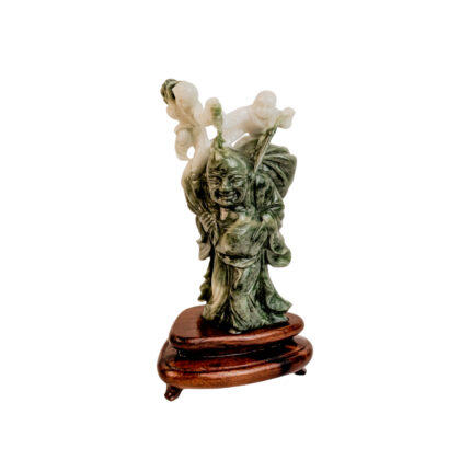 Green Stone Carved Figure Statue Man and Boys with Wood Stand and Box #68185