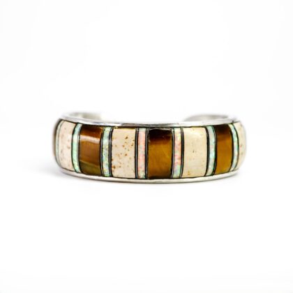 Native American Sterling Silver Inlay Cuff – Tiger Eye, Opal & Bone – 45.2g #68756