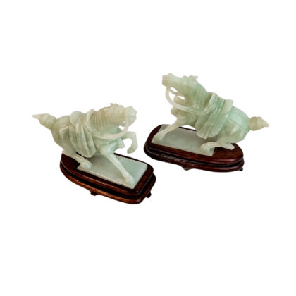 Pair of Green Stone Carved Horse Figures with Wood Stands and Box #68188