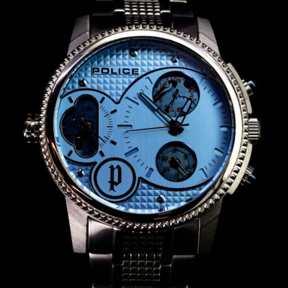 Police Scythe Dual Time Quartz Watch 50mm Stainless Steel 22cm Band #68908