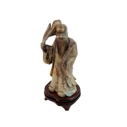 Soapstone Carving Shou Xing Chinese God of Longevity with Wood Stand and Box #68189