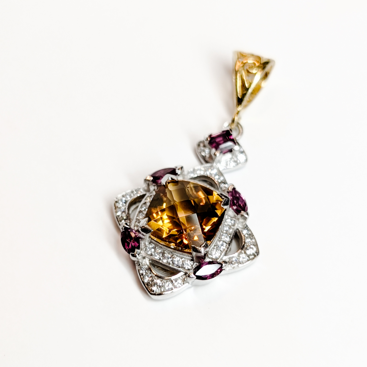Sterling Silver Citrine Rhodolite Garnet & CZ Pendant Gold Plated Bale #69014 Sterling Silver Citrine Rhodolite Garnet & CZ Pendant Gold Plated Bale #69014 - Image 3