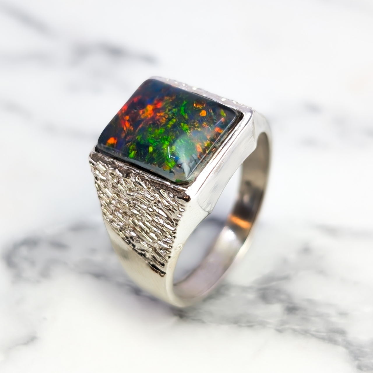 Sterling Silver Men’s Opal Triplet Square Signet Ring #68039