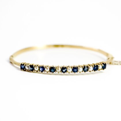 Vintage 9ct Yellow Gold Sapphire and Pearl Oval Hinge Bangle Circa 1983 #68885