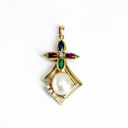 18ct Yellow Gold Pearl, Ruby, Emerald, Sapphire & Diamond Pendant #68889