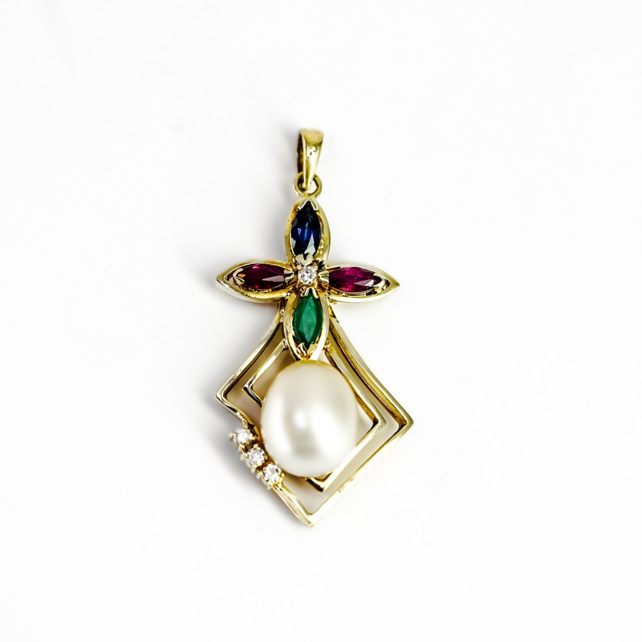 18ct Yellow Gold Pearl, Ruby, Emerald, Sapphire & Diamond Pendant #68889