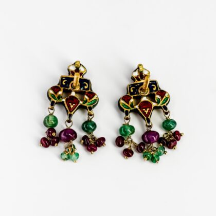 Antique 17ct Gold Rose Cut Diamond, Emerald & Ruby Earrings #9104-18