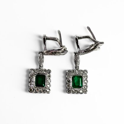 Sterling Silver Emerald and Diamond Earrings #69302