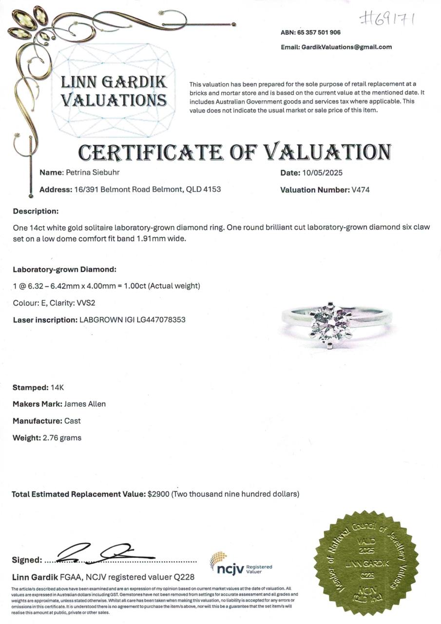 14ct White Gold 1.00ct Lab-Grown Diamond Solitaire Ring Size L #69171 14ct White Gold 1.00ct Lab-Grown Diamond Solitaire Ring Size L #69171 - Image 3