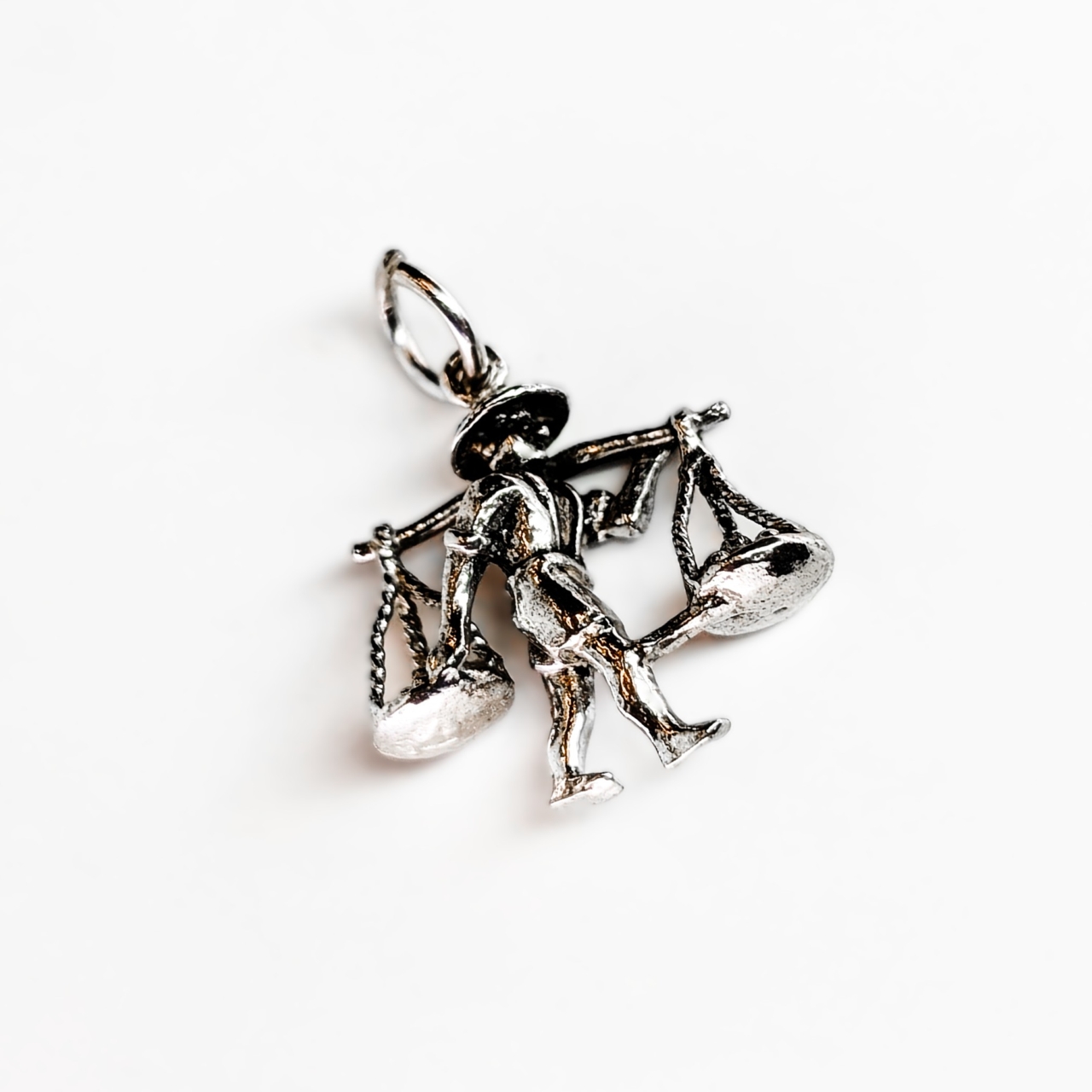 Vintage Silver Man Carrying Baskets Asian Travel Charm #68620-19
