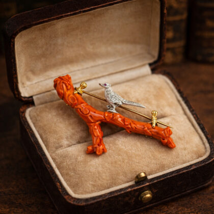 20ct Yellow Gold and Platinum Diamond and Ruby Bird on Coral Branch Brooch #65239